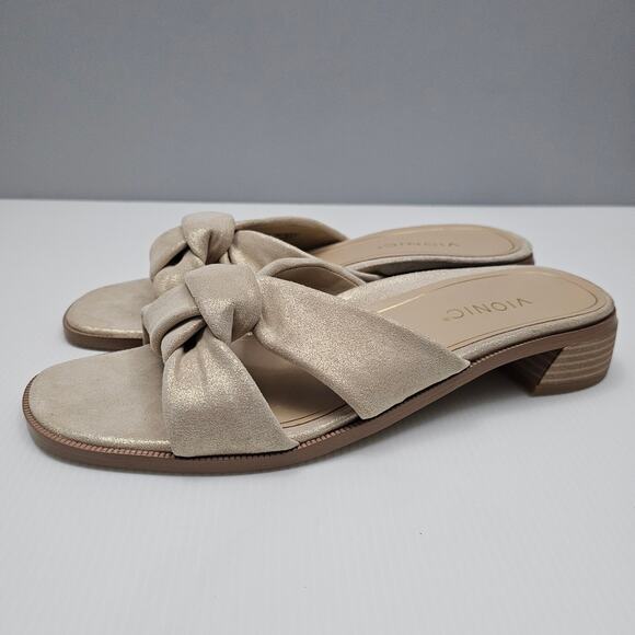 Vionic Mable Sandal Slide Womens 10 Shimmer Gold Leather Knot Strap Slip On - Picture 1 of 13